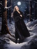 Woman in a long black coat standing in a snowy forest under a full moon.