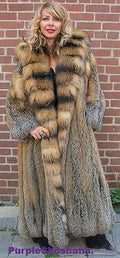 Sensational Hooded Solid Multi Color Cross Fox Canadian Fur Coat 80" Sweep M/L - Purple Shoshana Furs