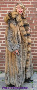 Sensational Hooded Solid Multi Color Cross Fox Canadian Fur Coat 80" Sweep M/L - Purple Shoshana Furs