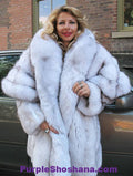 Unique Plush Solid Silver Canadian Blue Fox Fur Coat - Detachable Cape M/L - Purple Shoshana Furs