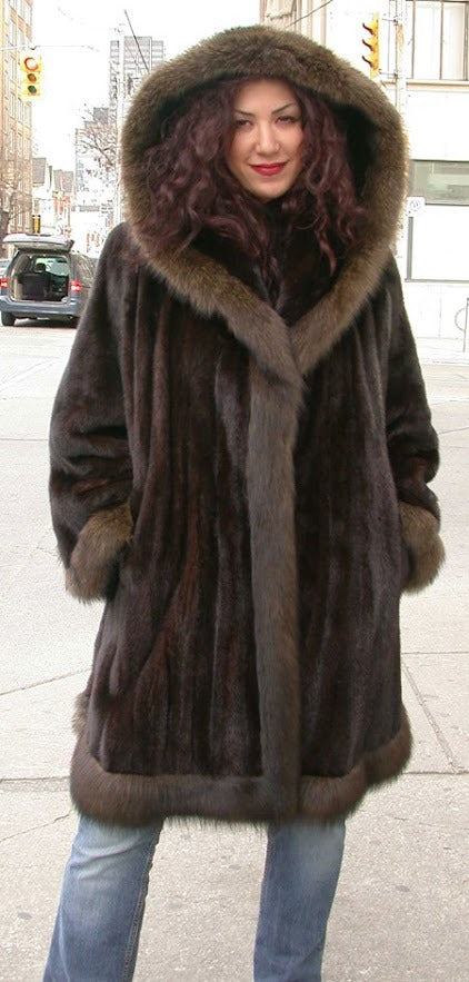 Mahogany hooded mink coat with fisher trim