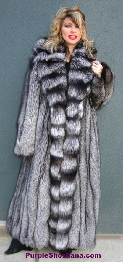 Silver fox coat with cross cut tuxedo collar