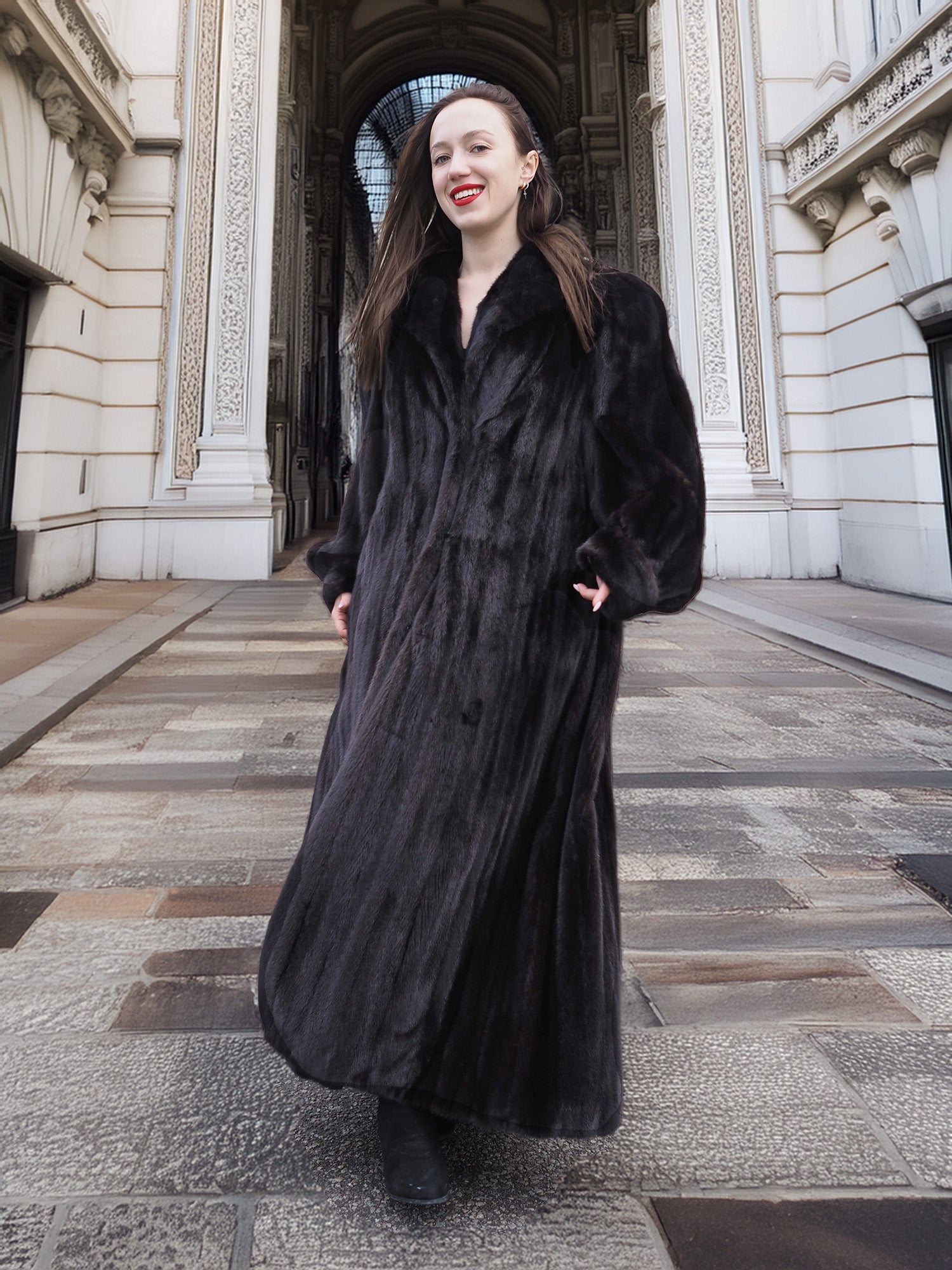 NAFA black mink fur coat with a flowing silhouette, styled for a luxurious and timeless winter fashion look.