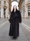 Full-length NAFA black mink fur coat with a belted waist, offering a refined and elegant winter outerwear option.