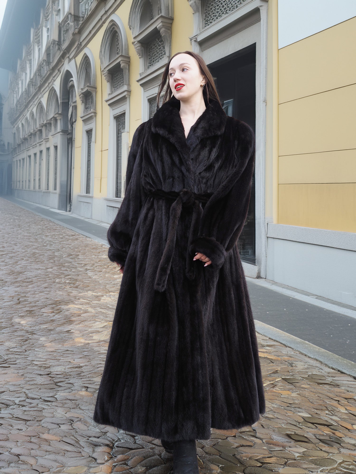 NAFA dark ranch black mink fur coat with a belted waist, offering a refined and elegant winter outerwear option.