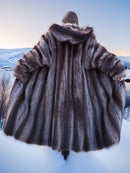 Back view of Canadian Raccoon Fur Coat - Silver Tips M showing full drape. Elegant fur outerwear for winter fashion.