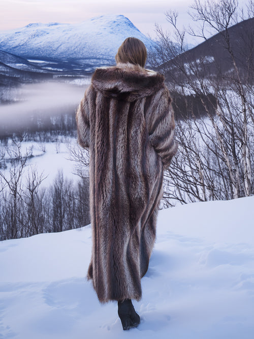 Rear view of Silver Tip Canadian Raccoon Fur Coat in snowy forest. Full-length luxury fur coat for cold weather.