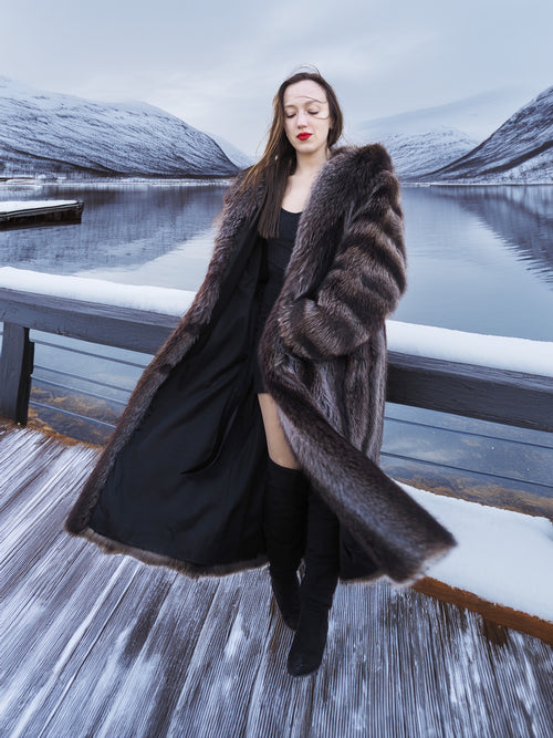 Open Canadian Raccoon Fur Coat - Silver Tips M revealing black inner lining. Chic winter outerwear for cold climates.