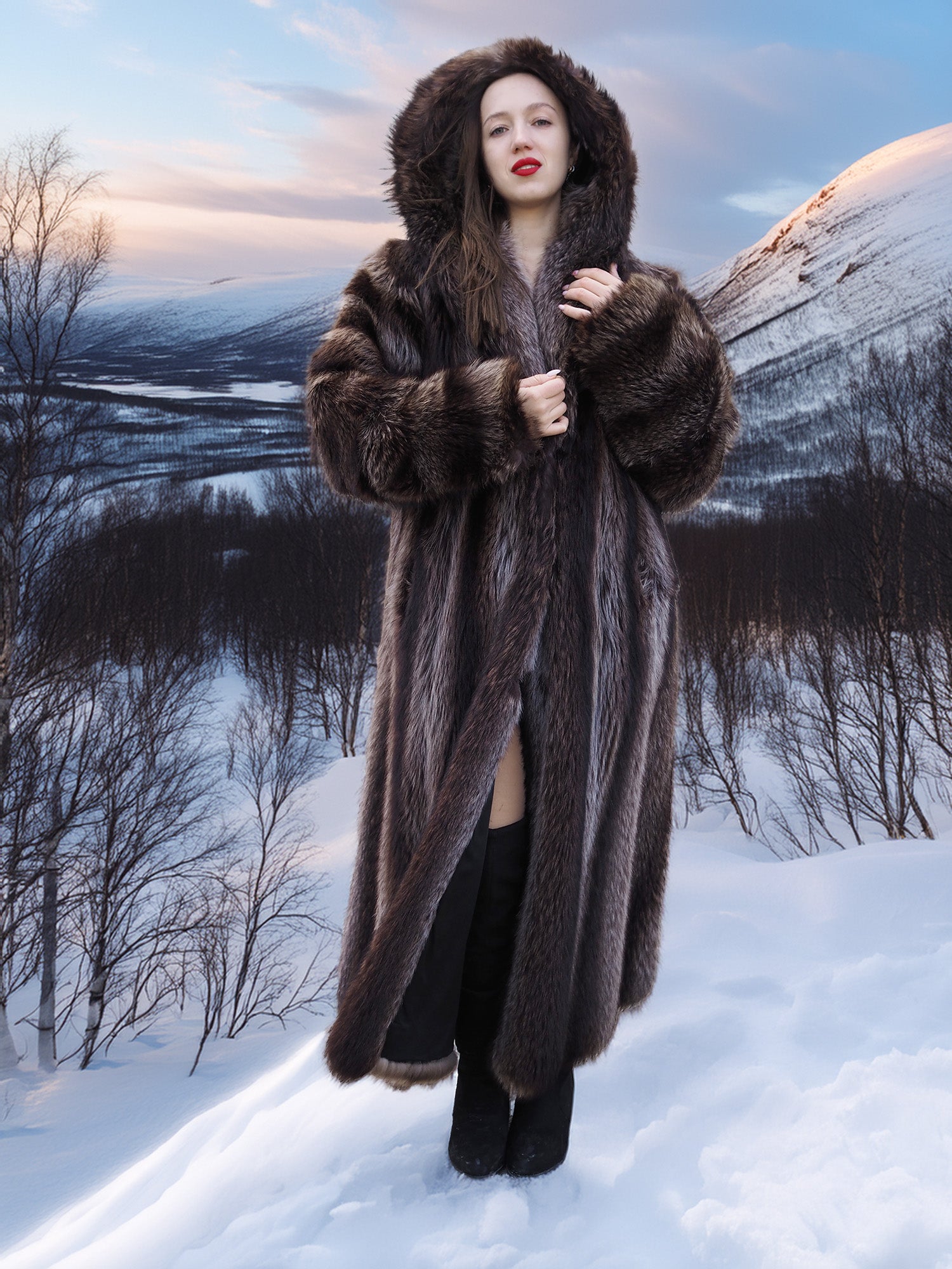 Hooded Canadian Raccoon Fur Coat - Silver Tips M worn in snowy mountain setting. Luxurious winter coat with natural fur.