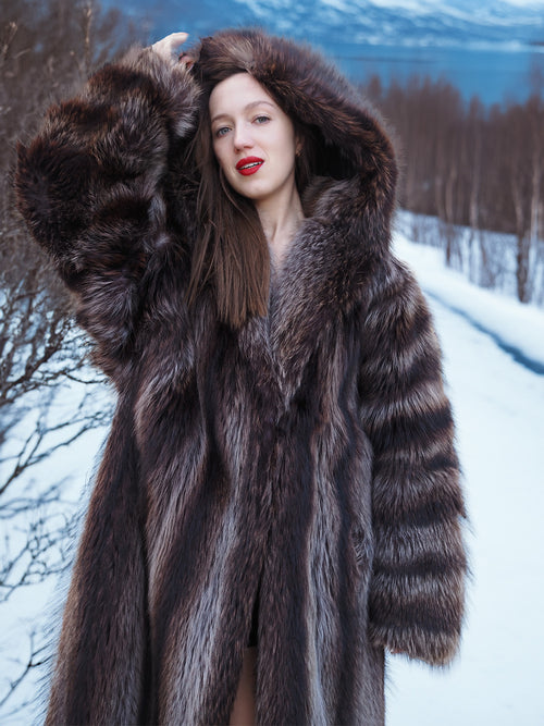 Hooded Silver Tip Canadian Raccoon Fur Coat worn in winter forest. Elegant and warm fur coat for luxury winter fashion.