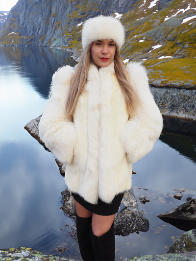White Mink Fur Coat Jacket S With White Fox Trim And Fox Headband