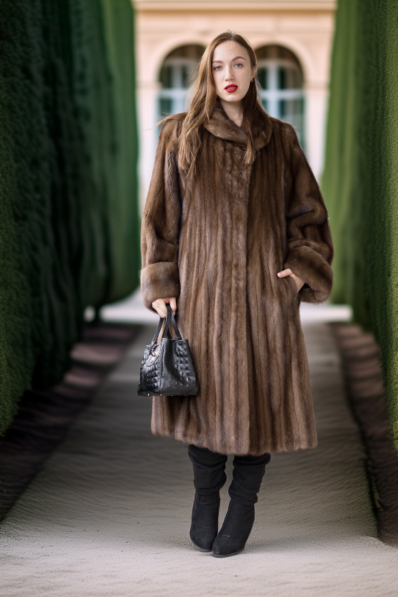 Fine mink coat with hooded neckline, long sleeves, straight front and swing length