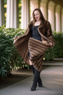Mink coat with inner fur lining visible, dark brown; sleeves and draped front