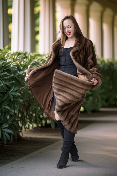 Mink coat with inner fur lining visible, dark brown; sleeves and draped front