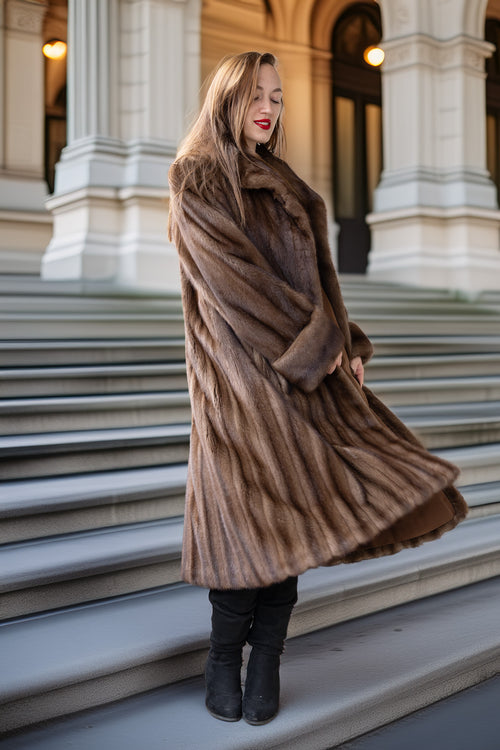 Fine mink coat from the side with hood and swing flare, plush brown/demi-buff