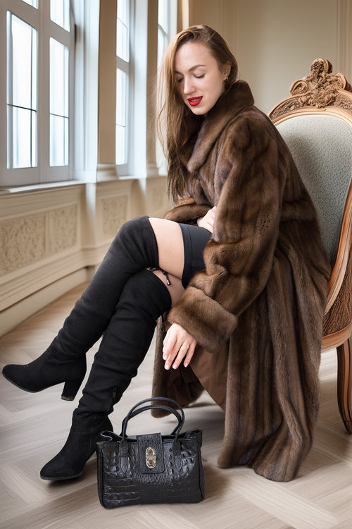 Fine mink coat with hood, swing hem and plush cuffs, brown/demi-buff