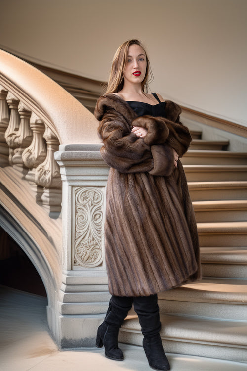 Mink coat front view, dark brown fur with shawl collar; arms crossed