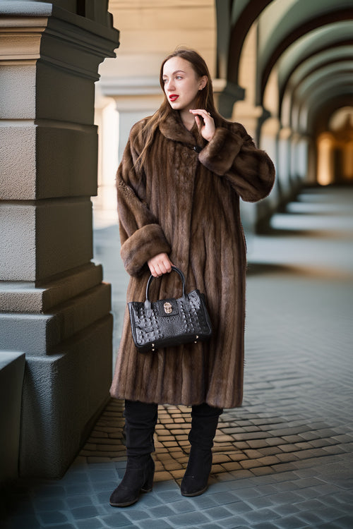 Fine mink coat with hood and side pockets, soft demi-buff fur finish