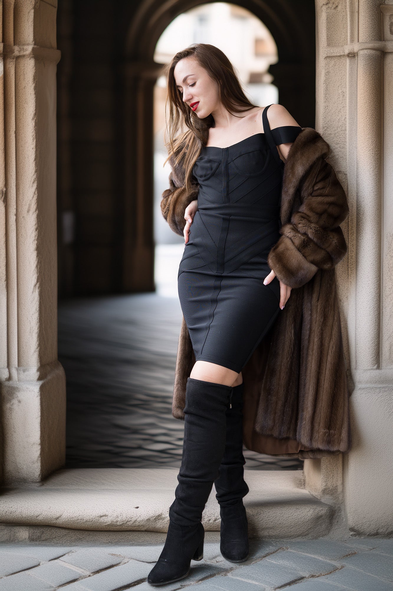 Fine mink coat with hood and fur cuffs, open-front swing style over a dress