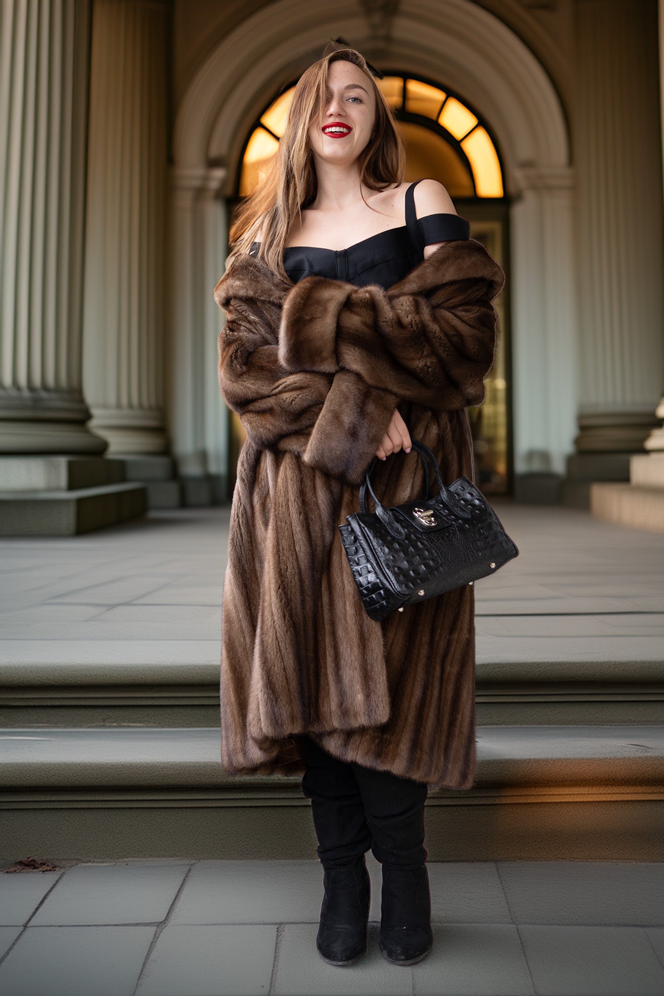 Demi-buff mink swing coat with voluminous collar and puffed sleeves