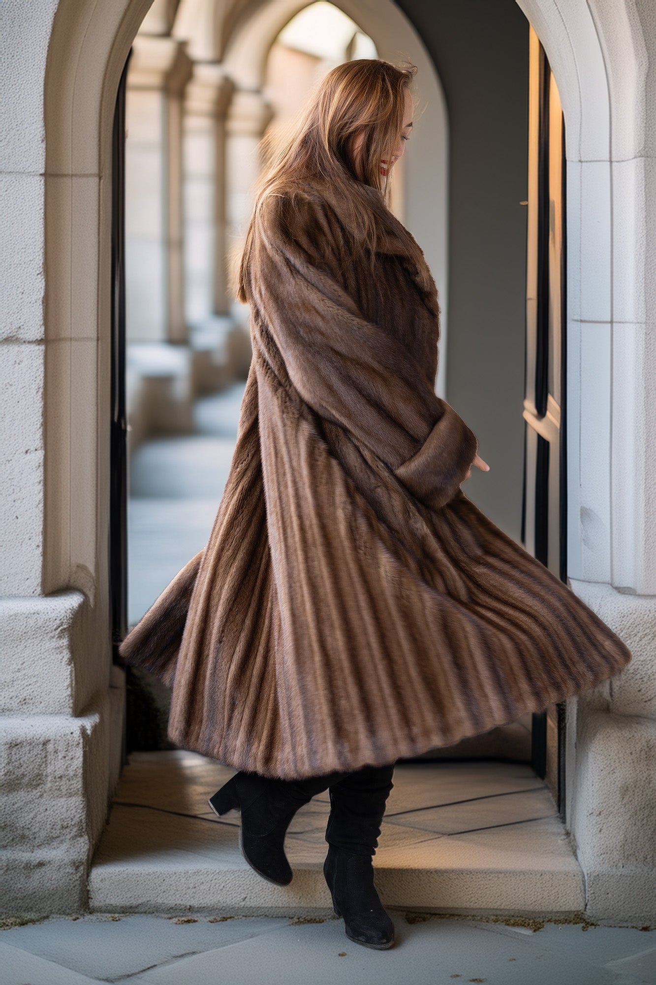 Demi-buff mink swing coat with full flared skirt and wide collar, back view