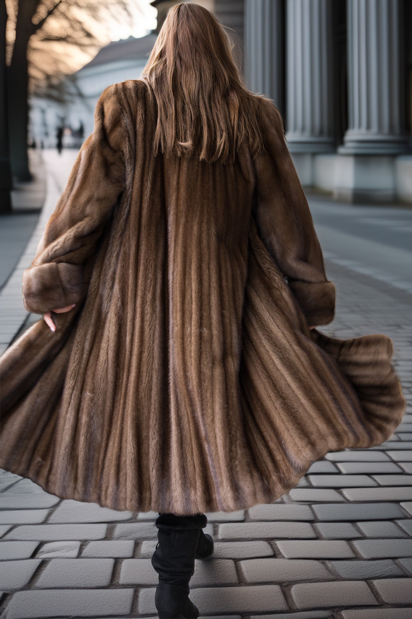 Fine mink coat back view, hood detail and flared swing hem with full sleeve drape