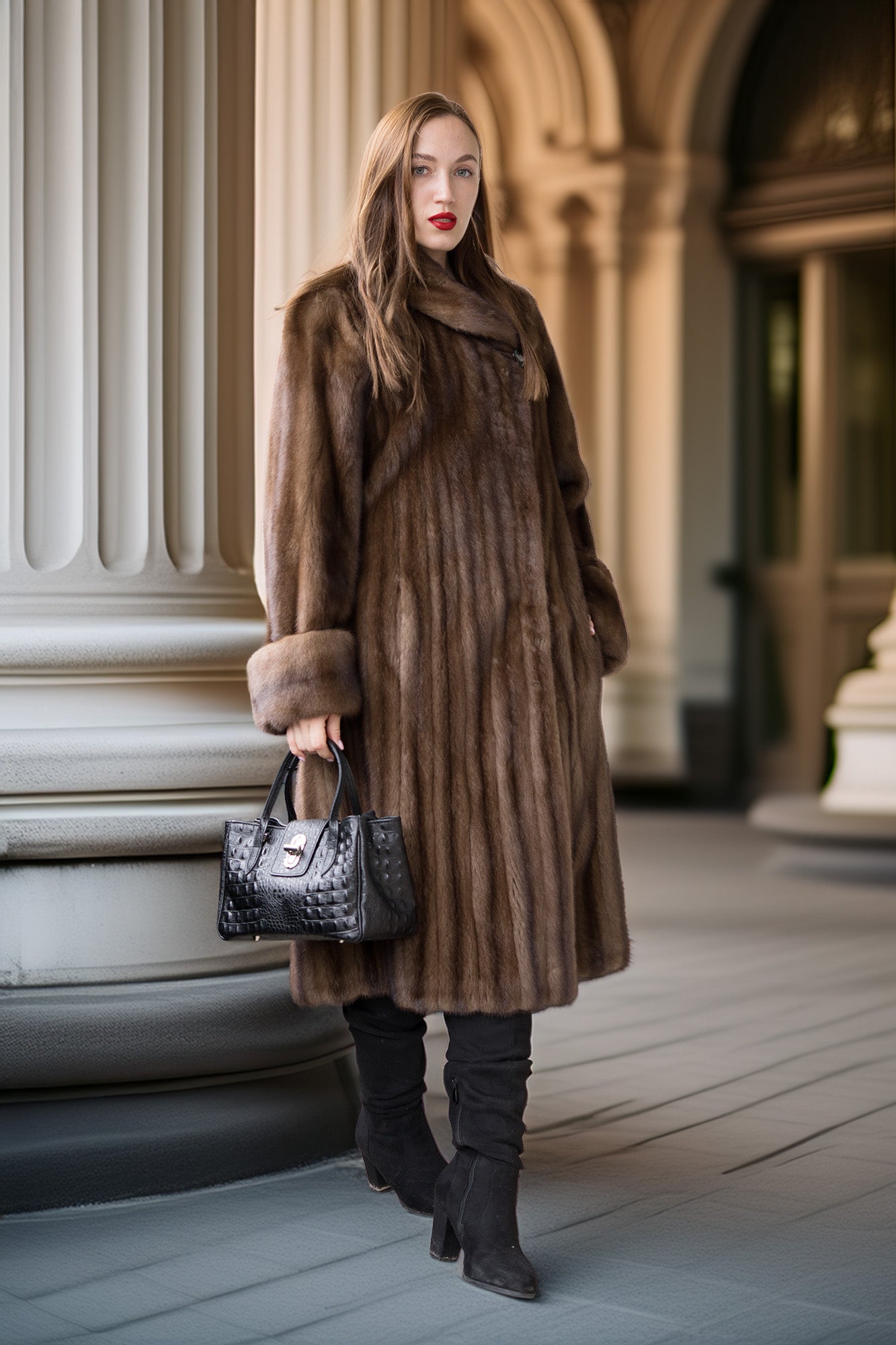 Fine mink coat with hood, vertical fur paneling, long sleeves and full swing skirt