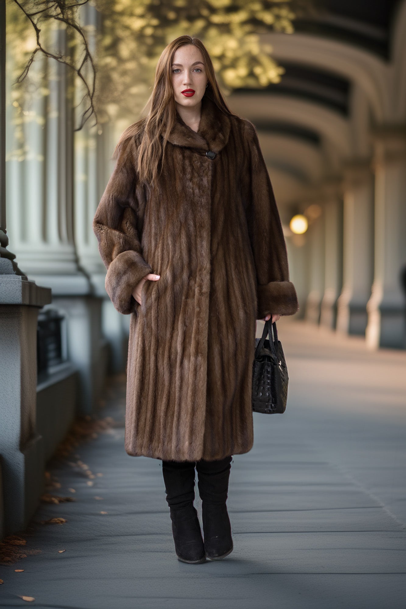 Mink coat with shawl collar and snap front, brown, swing silhouette