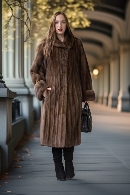 Mink coat with shawl collar and snap front, brown, swing silhouette