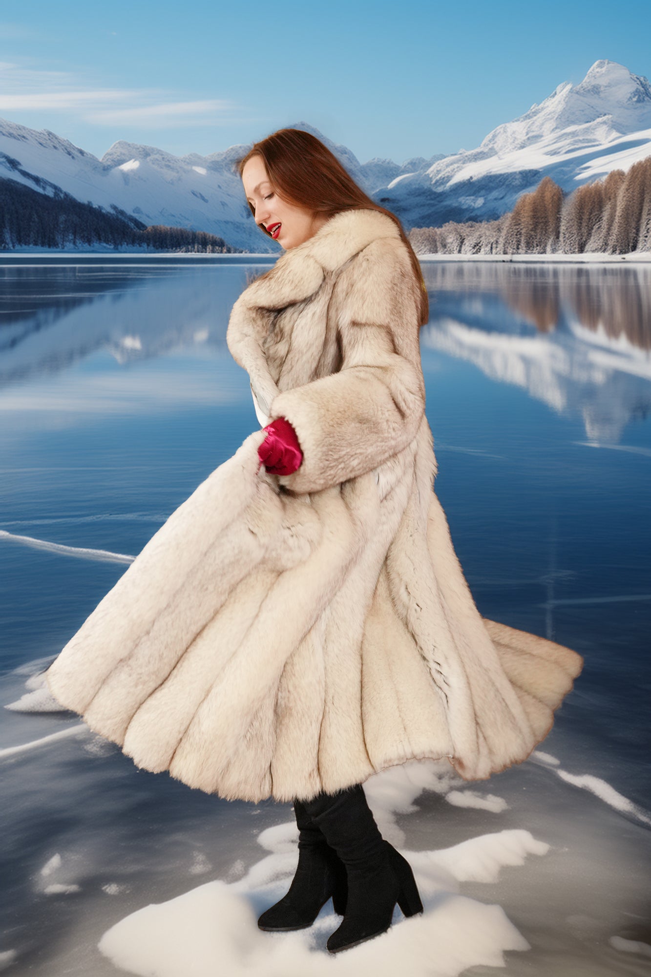 Woman in a fur coat standing on a frozen lake with snowy mountains in the background