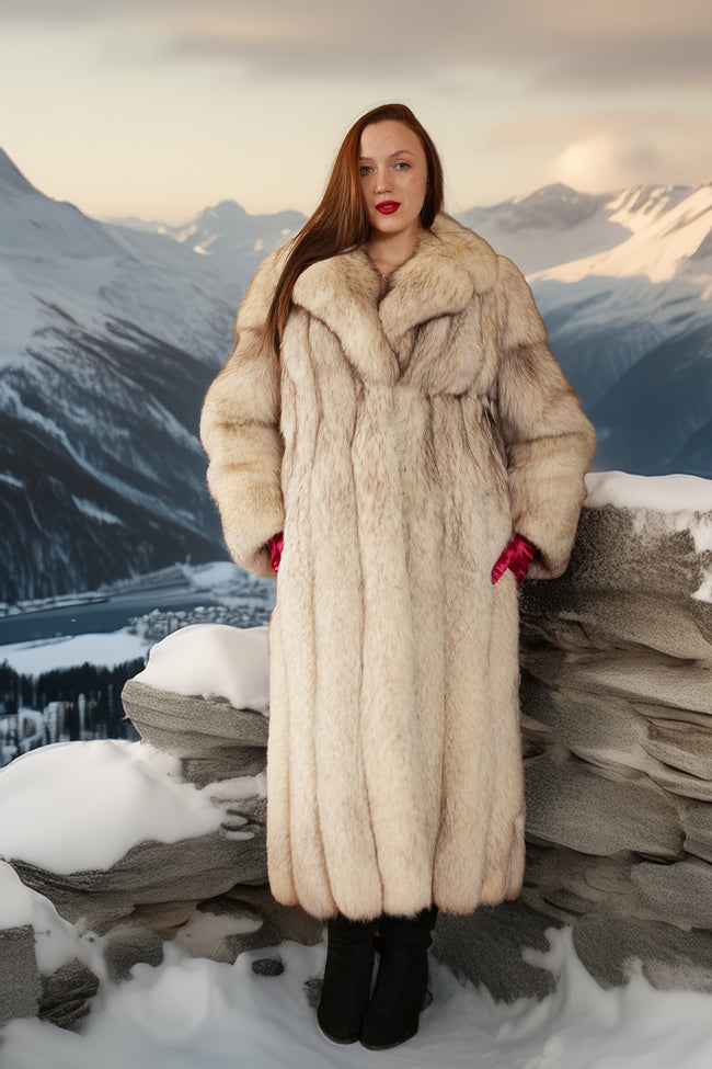Woman in a fur coat standing in a snowy mountain landscape