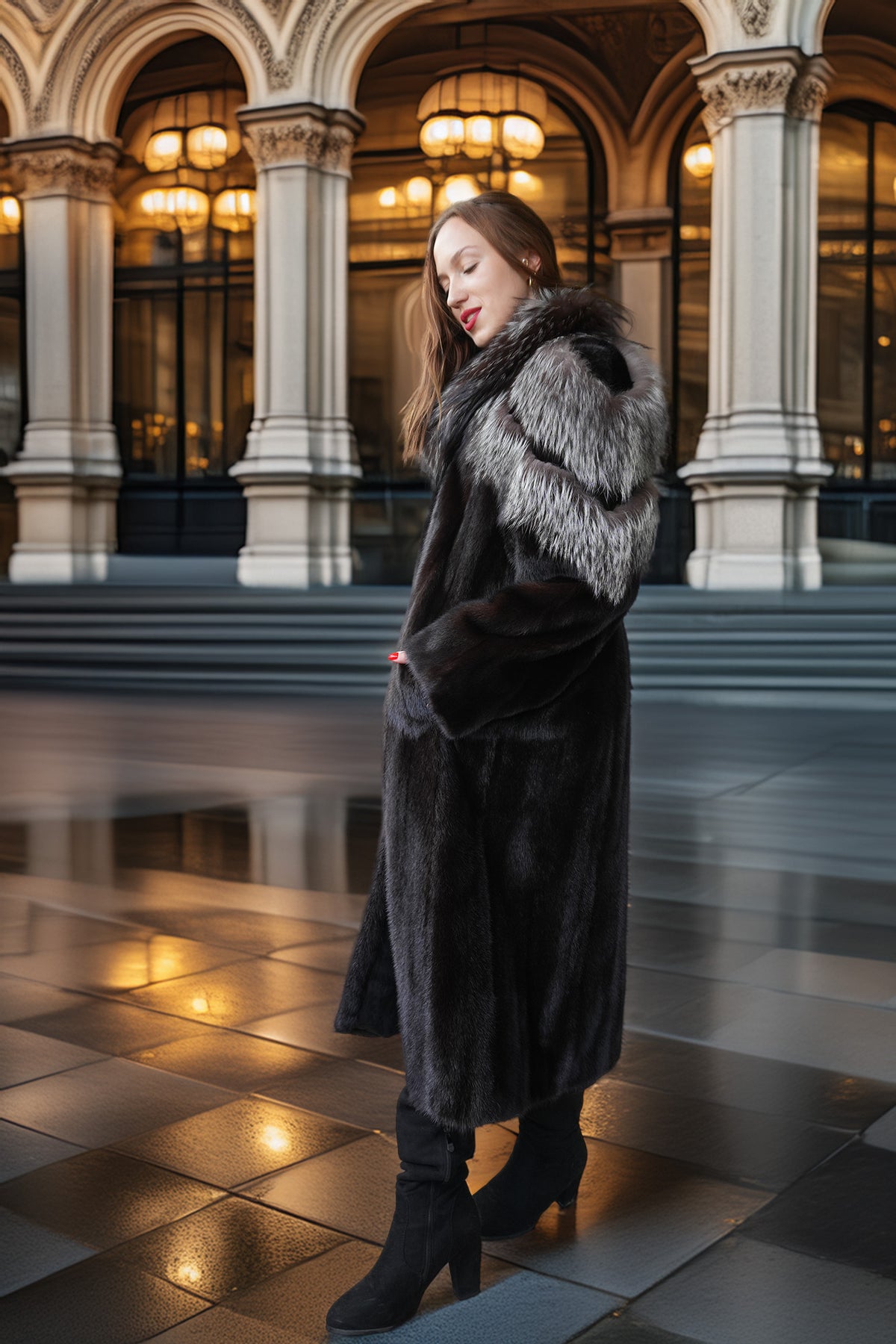 A woman wearing a long dark fur coat with a gray and white fur collar, standing in a grand hall with columns and warm hanging lights.