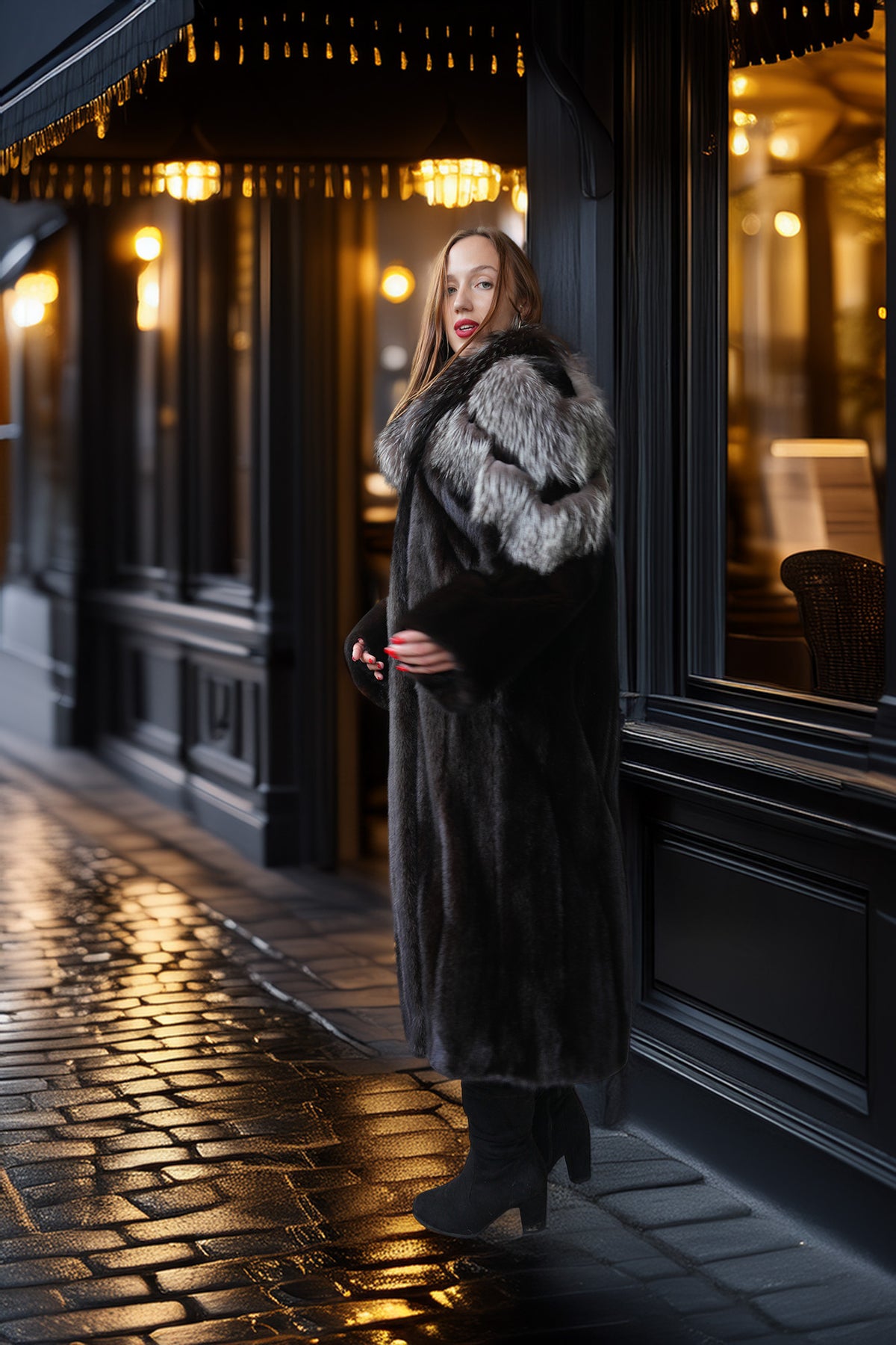 A woman stands on a wet cobblestone street outside a dark storefront at night, wearing a long dark fur coat with a contrasting light gray fur collar and black boots.