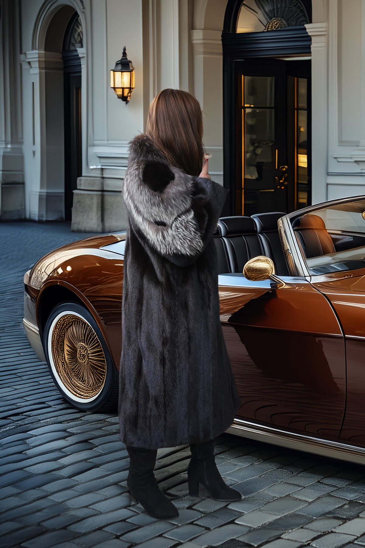 "Vienna Nocturne" – Black Mink & Silver Fox Fur Coat | Full Length