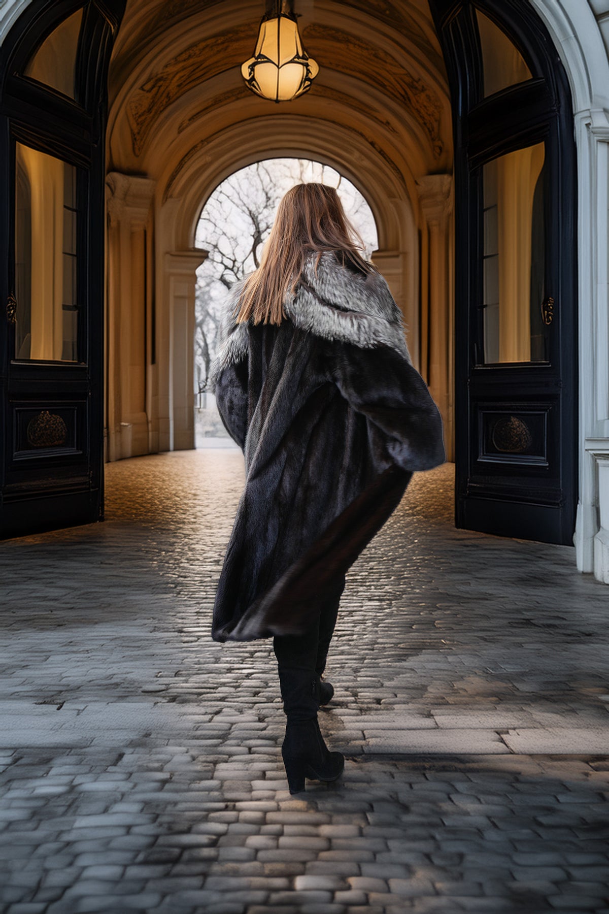 A woman viewed from behind wearing a long dark faux-fur coat with a light gray fur collar, walking through a grand stone corridor with arched doorways and a hanging lamp.