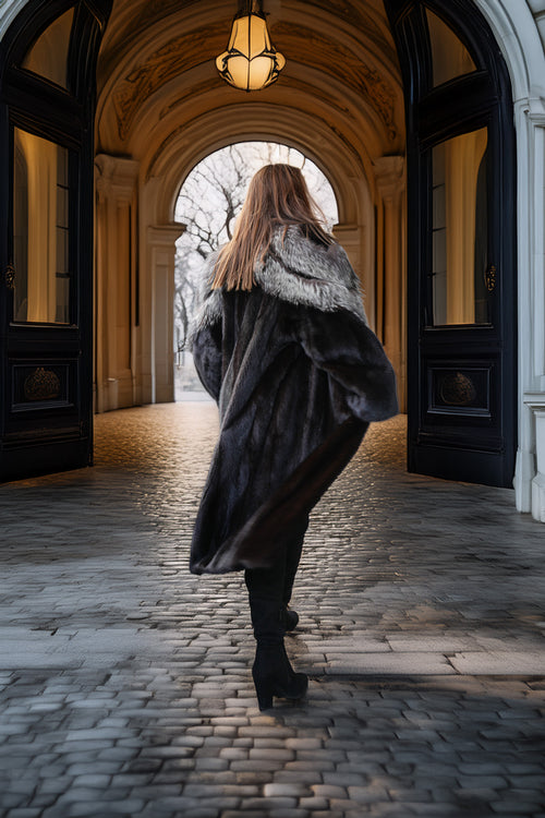 A woman viewed from behind wearing a long dark faux-fur coat with a light gray fur collar, walking through a grand stone corridor with arched doorways and a hanging lamp.