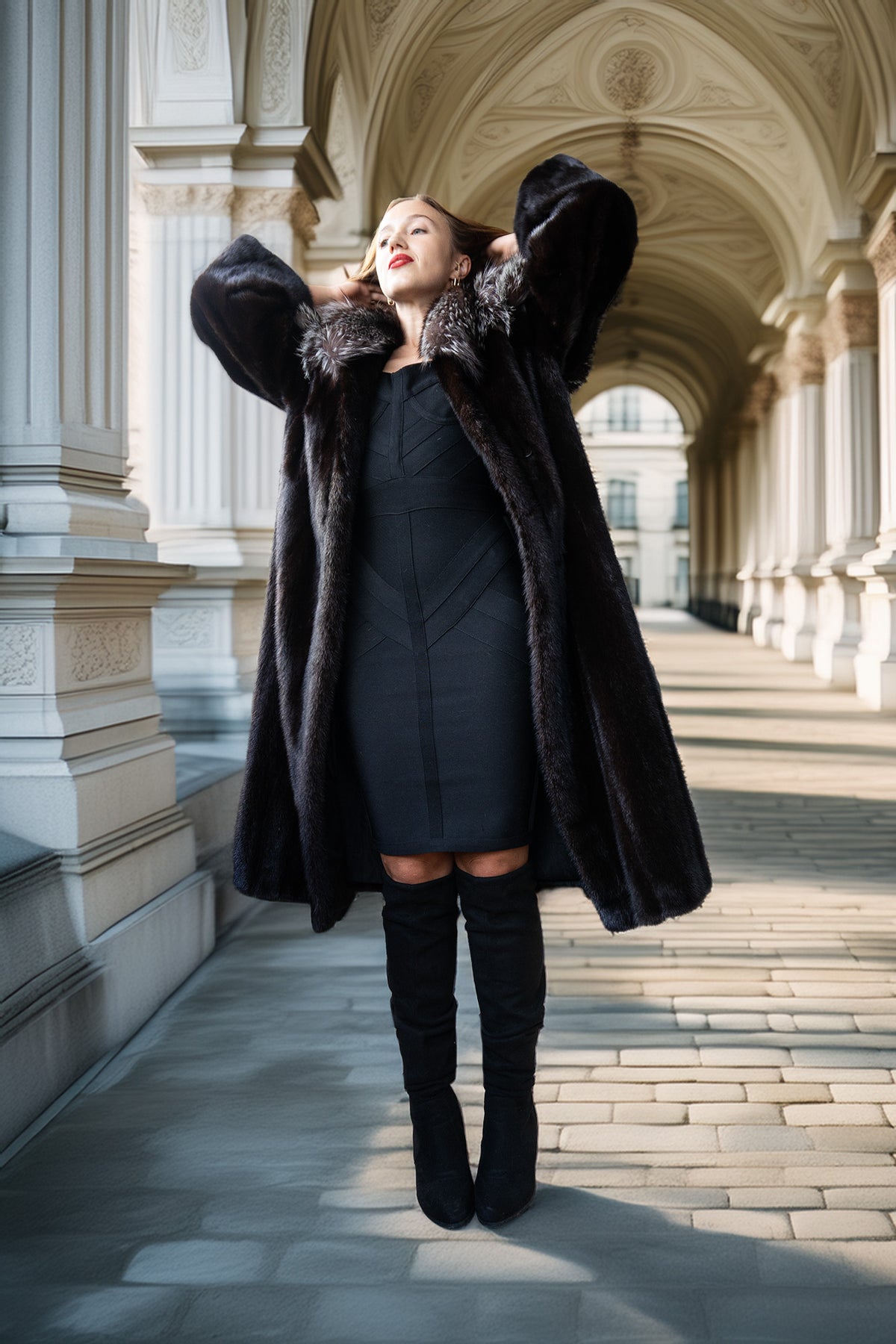 A woman posing in a long black fur coat with a dark dress and over-the-knee boots, standing in a sunlit classical stone corridor.