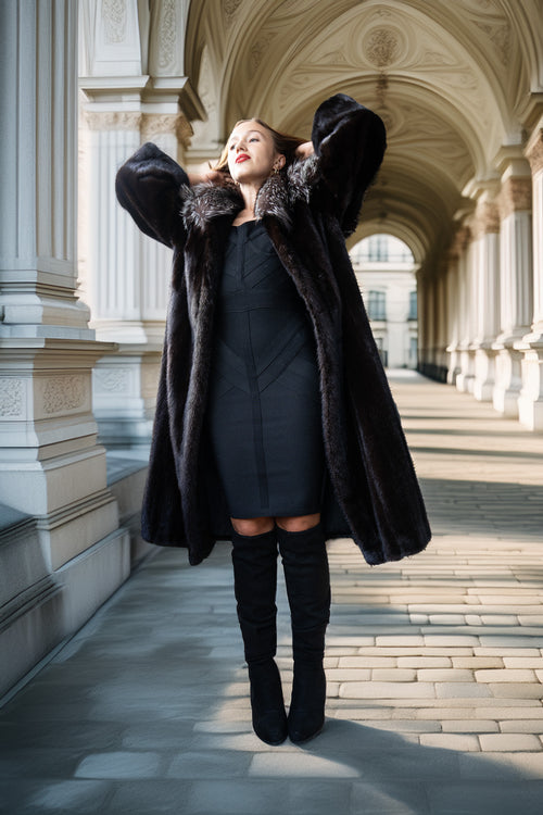A woman posing in a long black fur coat with a dark dress and over-the-knee boots, standing in a sunlit classical stone corridor.