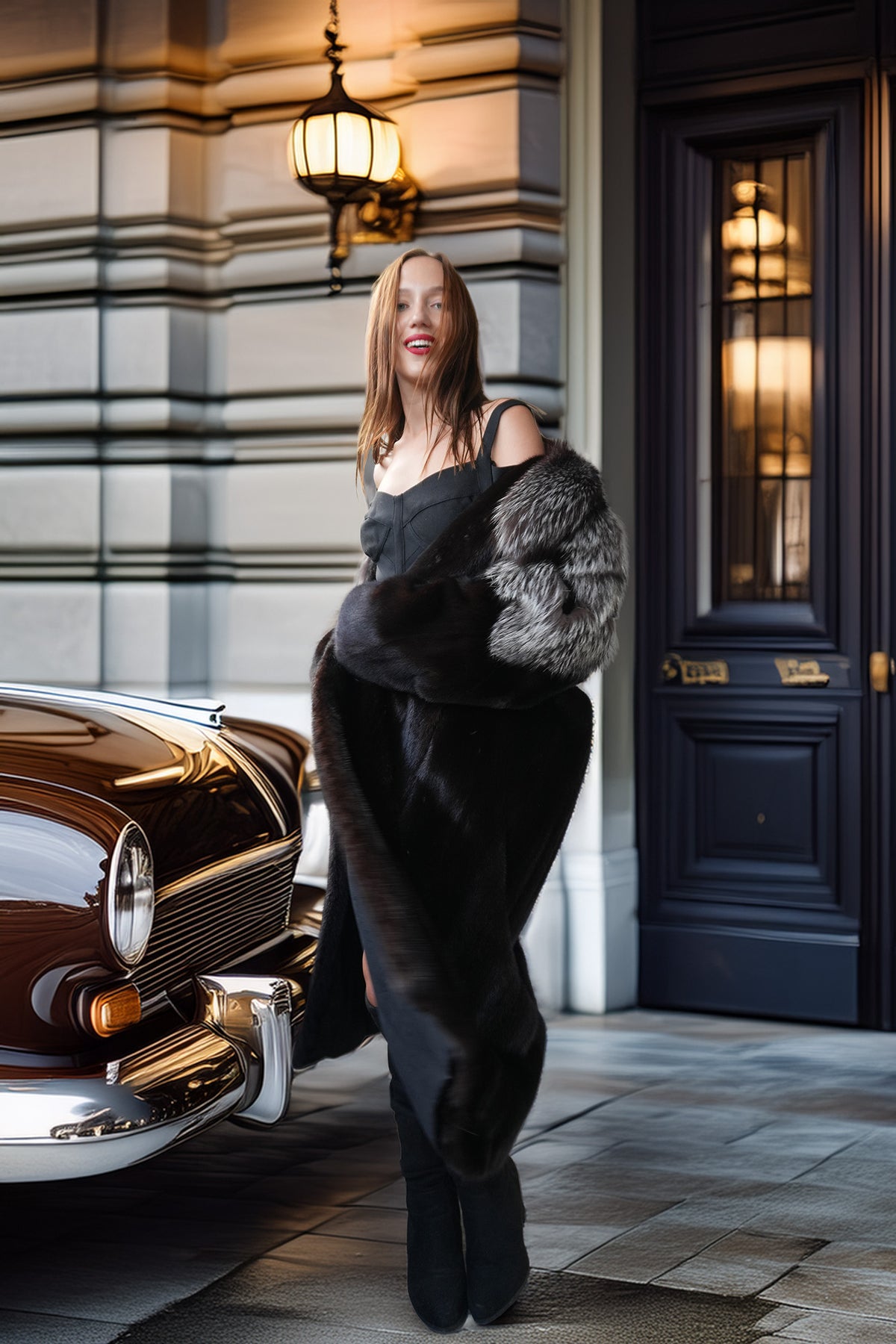 "Vienna Nocturne" – Black Mink & Silver Fox Fur Coat | Full Length