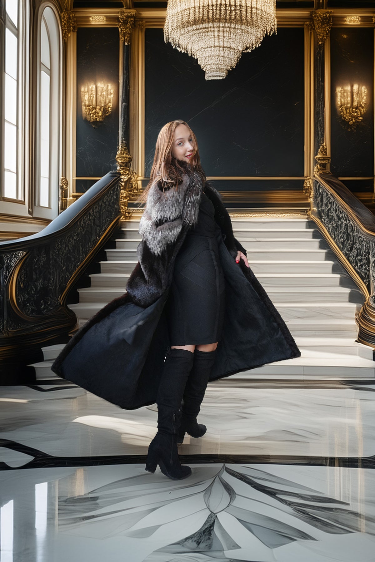 A woman posing on a grand marble staircase in a luxurious interior, wearing a long black coat with a gray fur collar, a black dress, and black knee-high boots.
