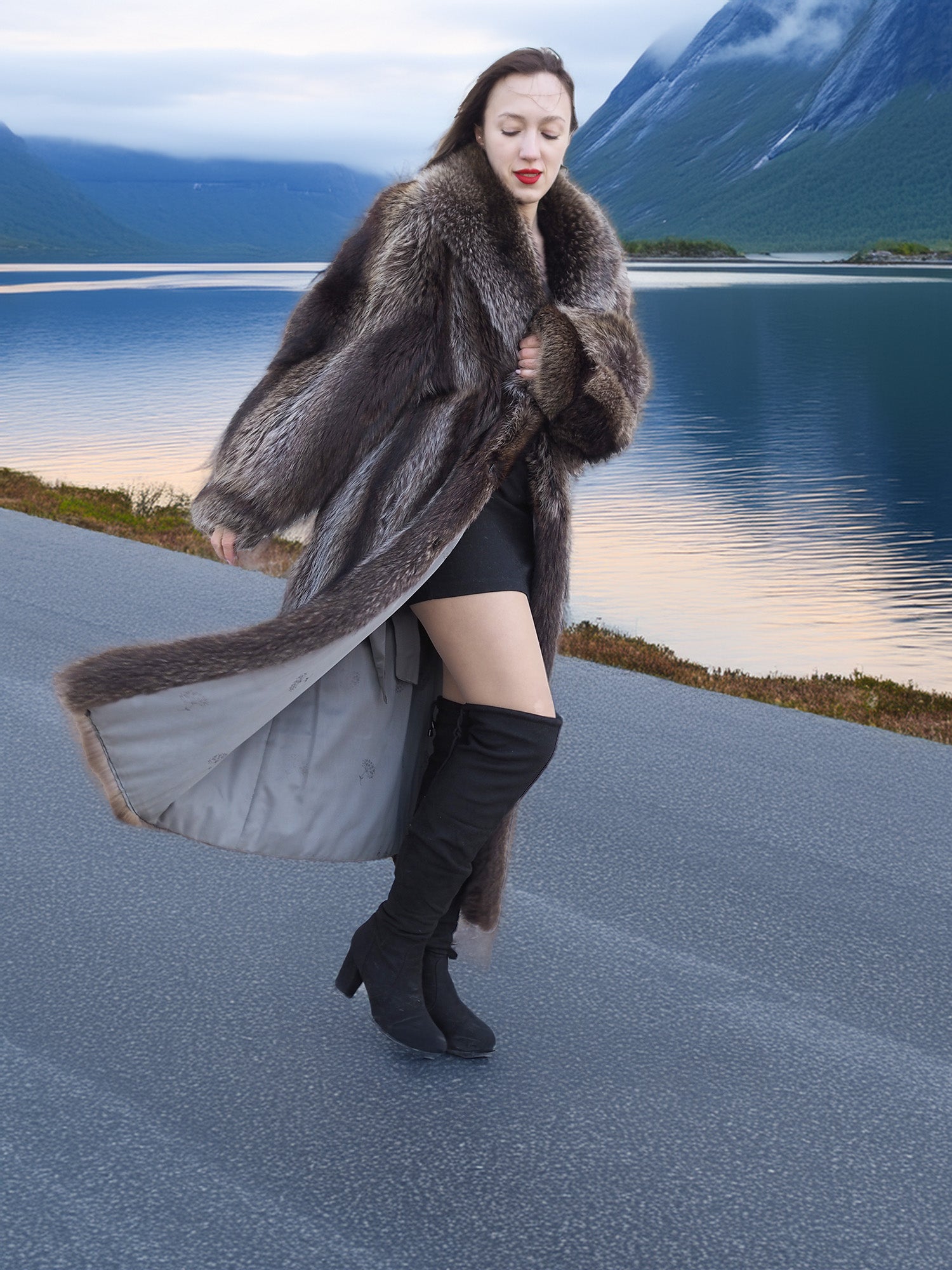 High End Canadian Raccoon Fur Coat open to reveal satin lining, styled with black mini dress and boots, elegant winter fashion.
