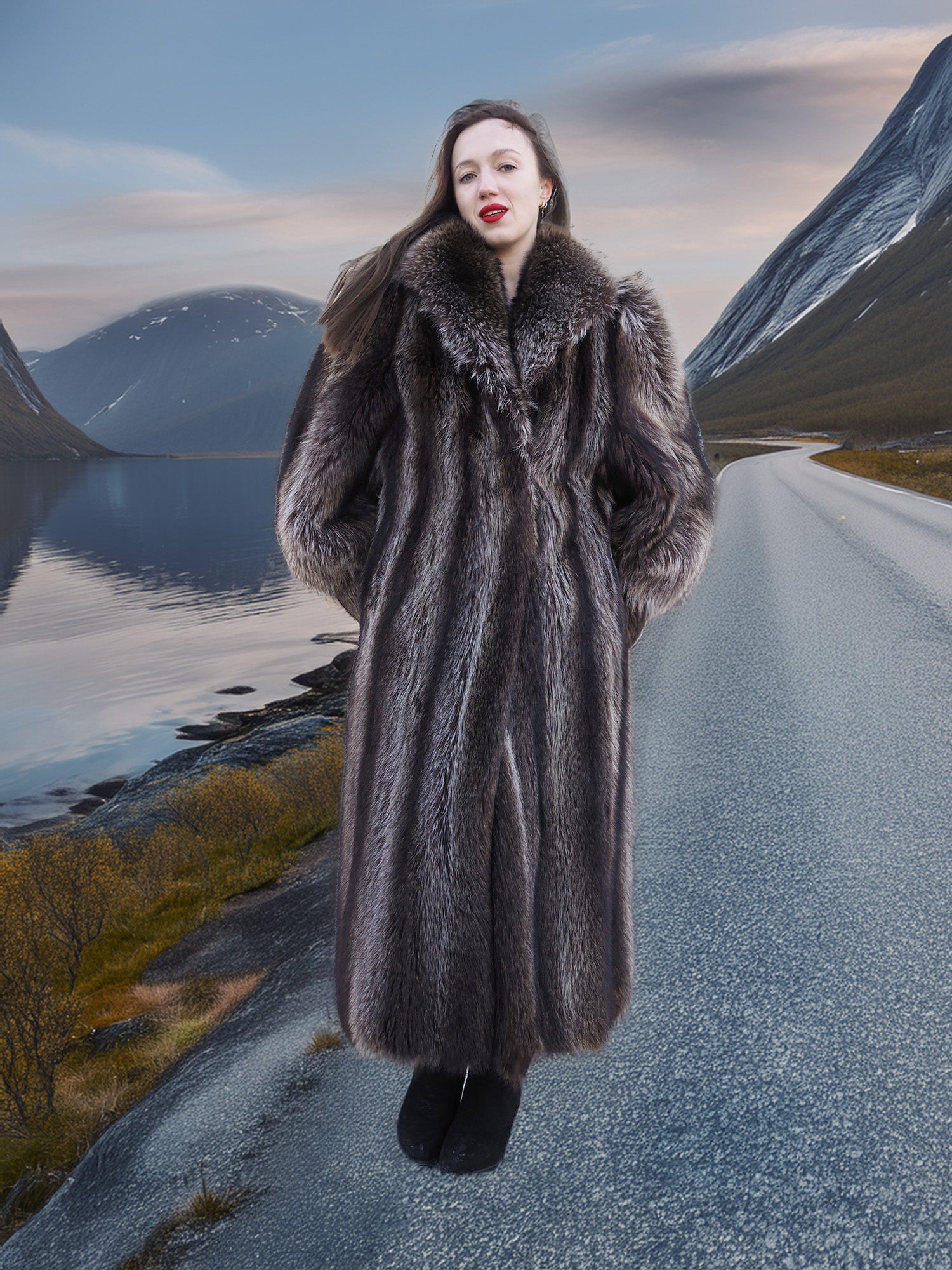 Full-length raccoon fur coat with wide collar, modeled on mountain road with fjord view, ideal for high-end winter outerwear.