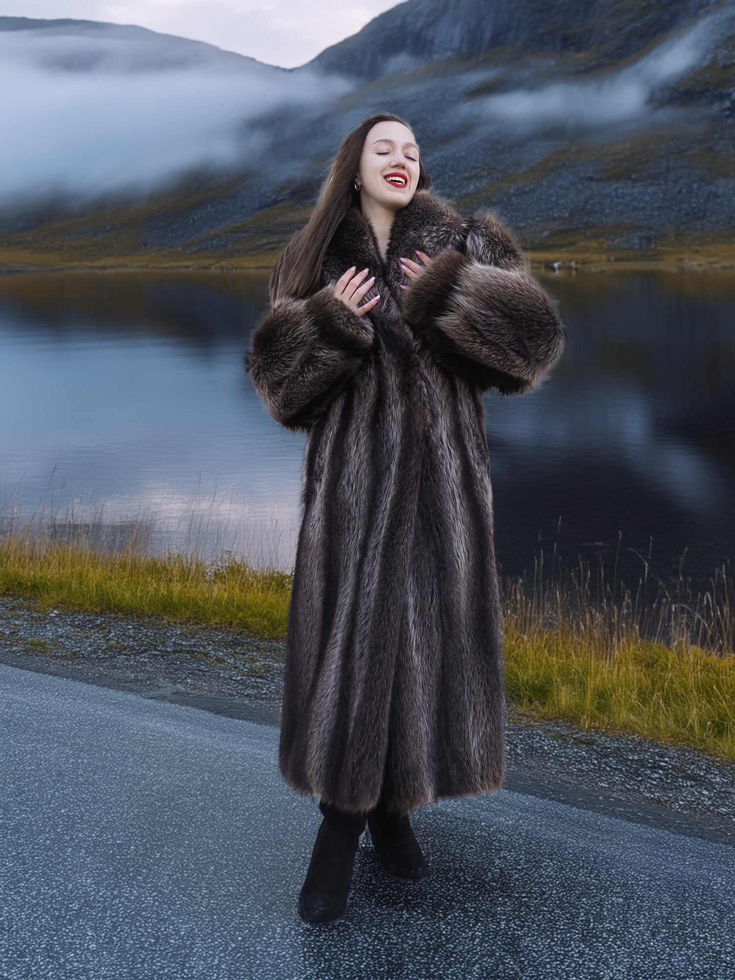 Woman in Canadian Raccoon Fur Coat smiling beside lake, showcasing elegant and warm outerwear for winter occasions.