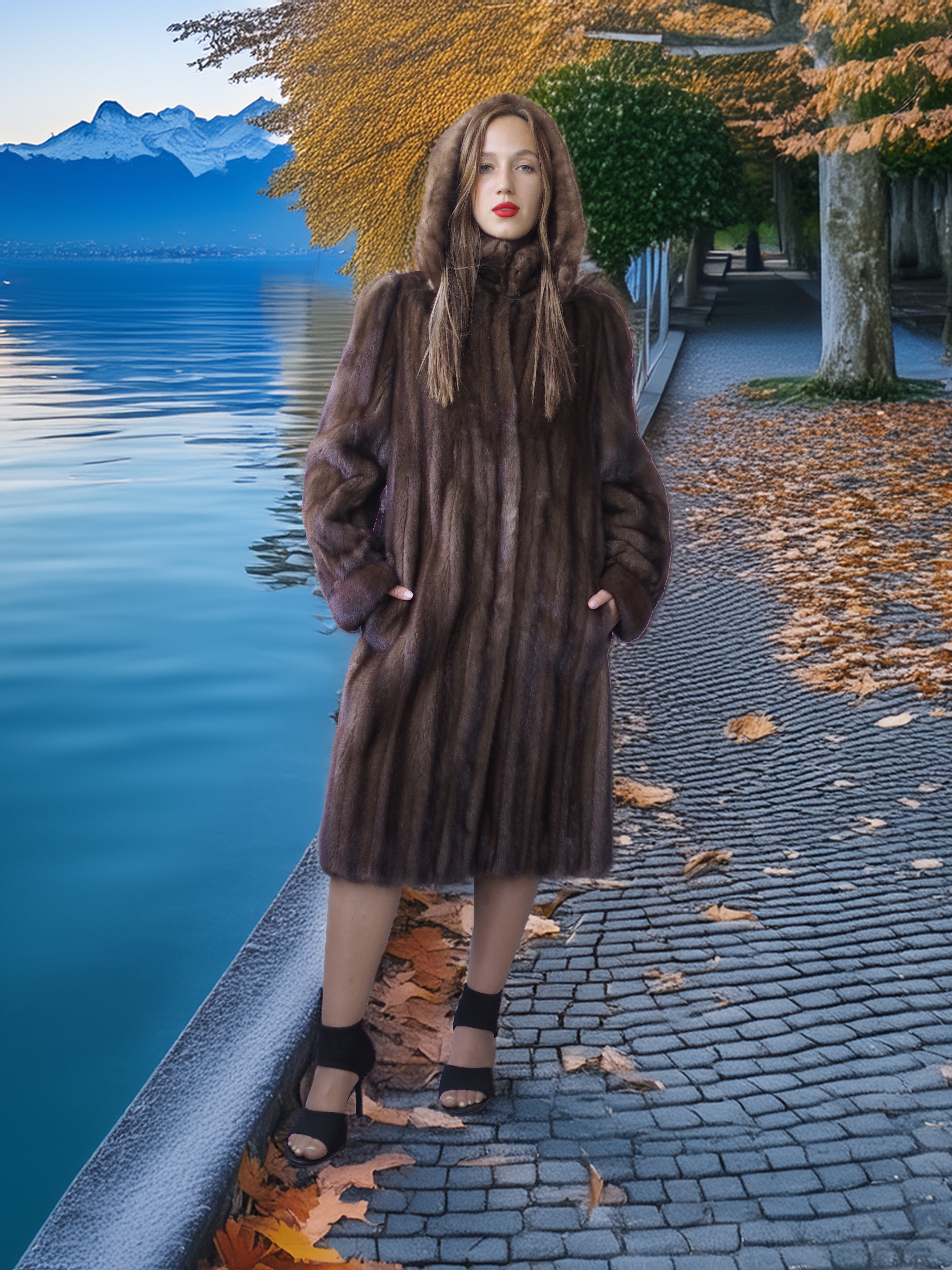 Woman in a fur coat standing by a lake with mountains in the background