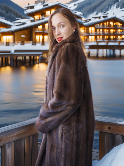 Woman in a fur coat standing in front of a snowy mountain resort at dusk.