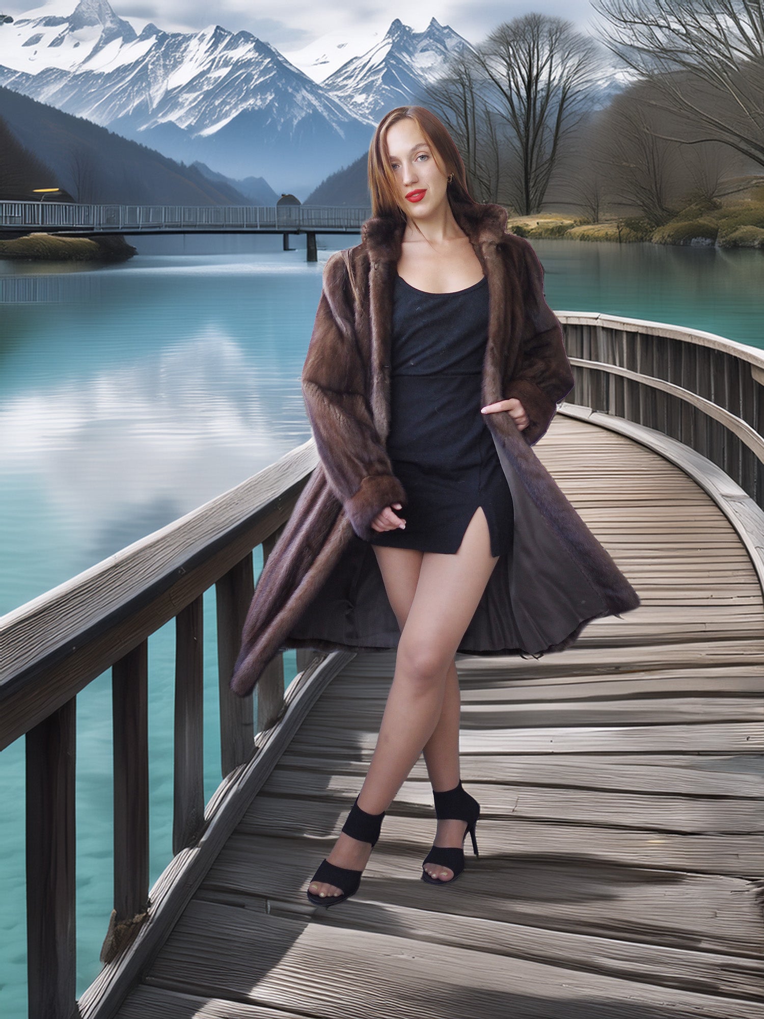 Woman in a fur coat standing on a wooden bridge with a mountainous landscape in the background