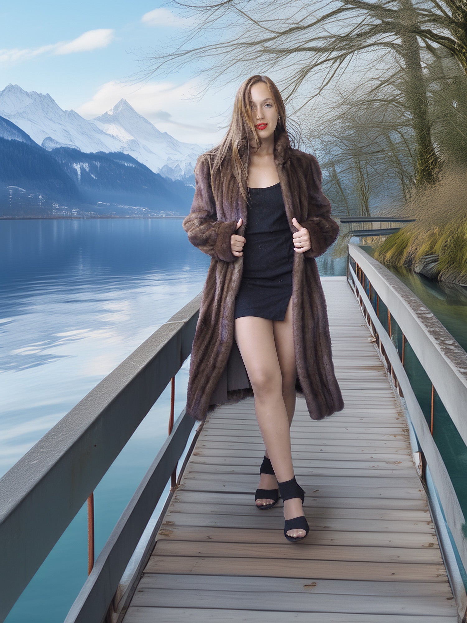 Woman in a long coat standing on a wooden bridge by a lake with mountains in the background