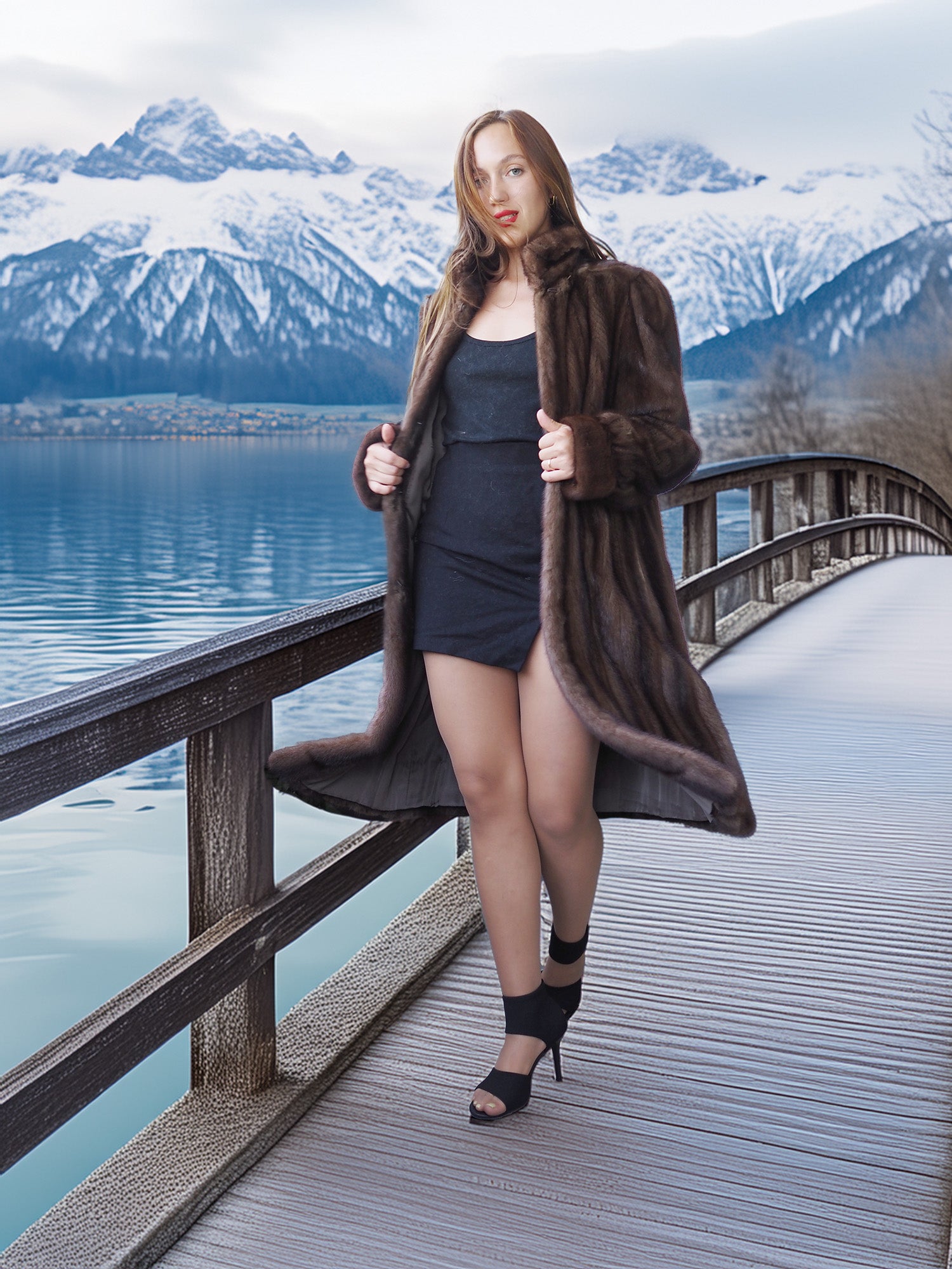 Woman in a fur coat standing on a wooden bridge with a scenic mountain and lake background