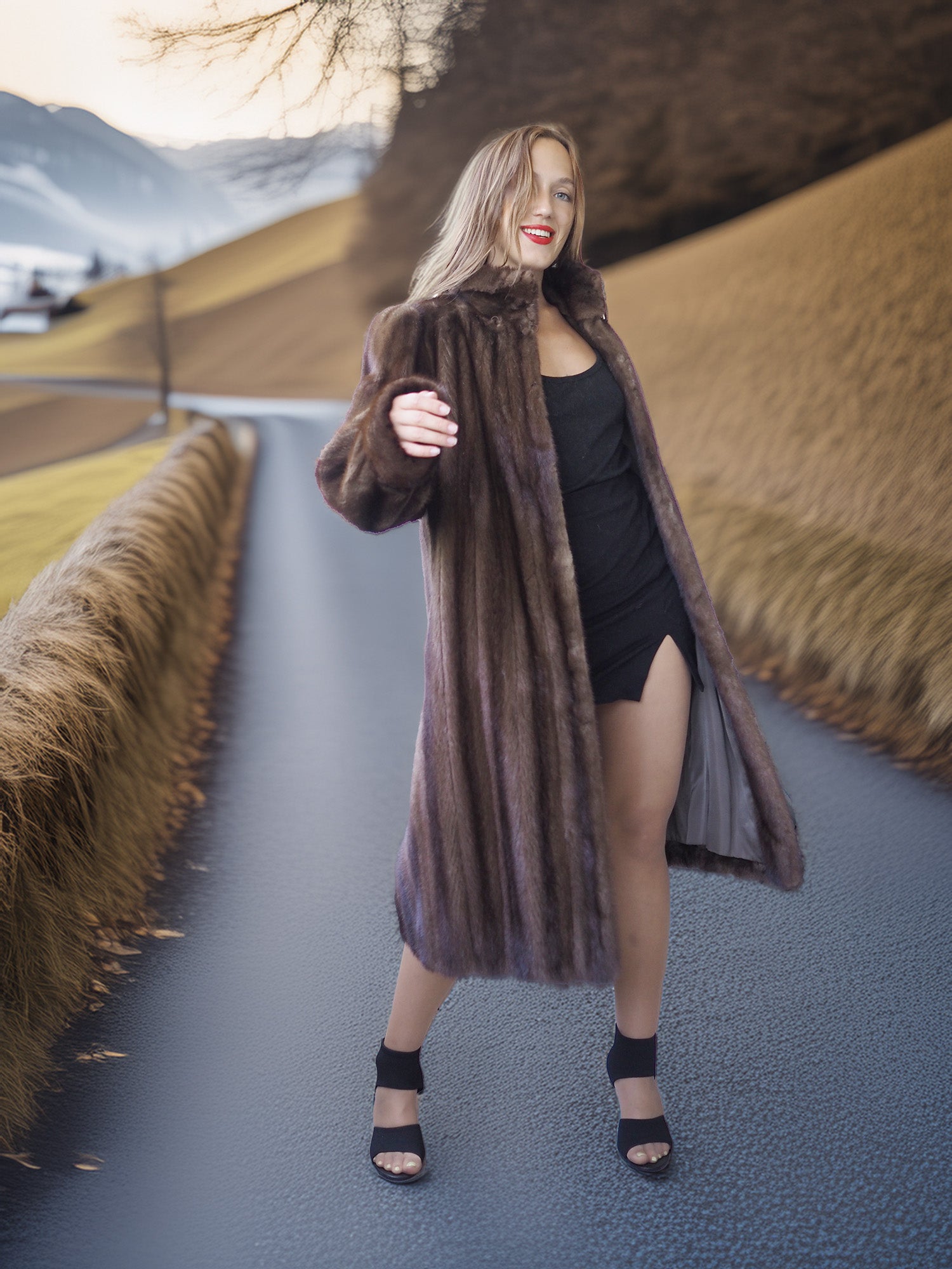 Woman in a long fur coat standing on a road with a scenic background