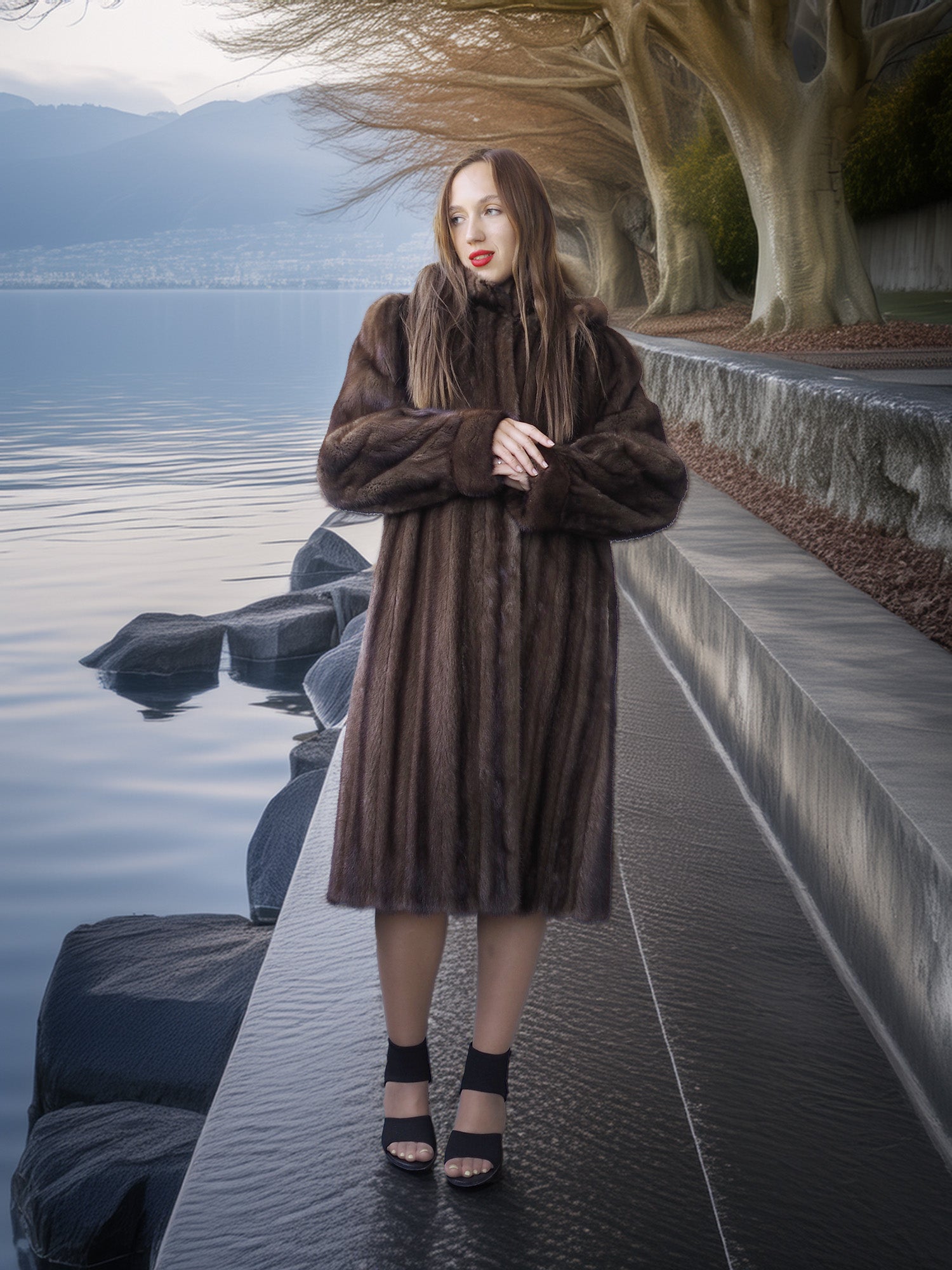 Woman in a fur coat standing by a lake with mountains in the background